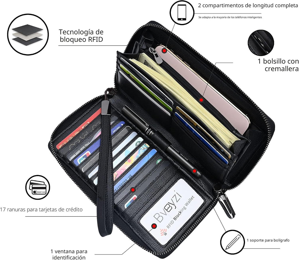 Bveyzi Cartera de piel con bloqueo RFID para mujer, con cremallera alrededor del teléfono, embrague de gran capacidad, bolso de viaje para mujer