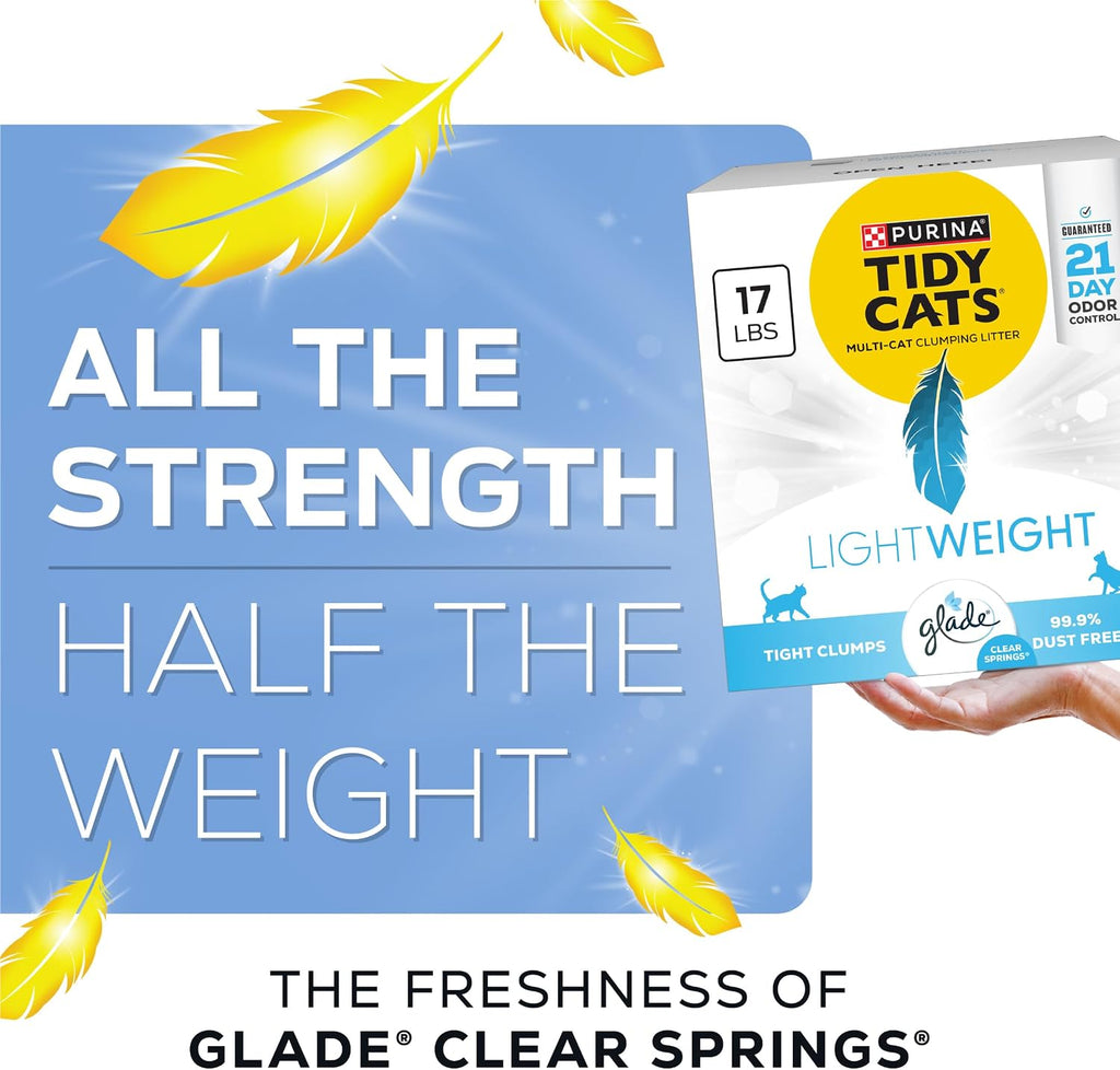 Purina Tidy Cats - Arena para gatos ligera con Glade Clear Springs, aglutinante, bajo polvo, perfumada, caja de 17 libras