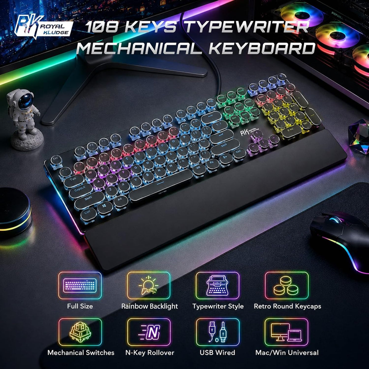 RK ROYAL KLUDGE S108 - Teclado mecánico de máquina de escribir, teclado para juegos con cable con teclado numérico, teclados retro de tamaño completo con reposamuñecas desmontable para Mac/Win/PC