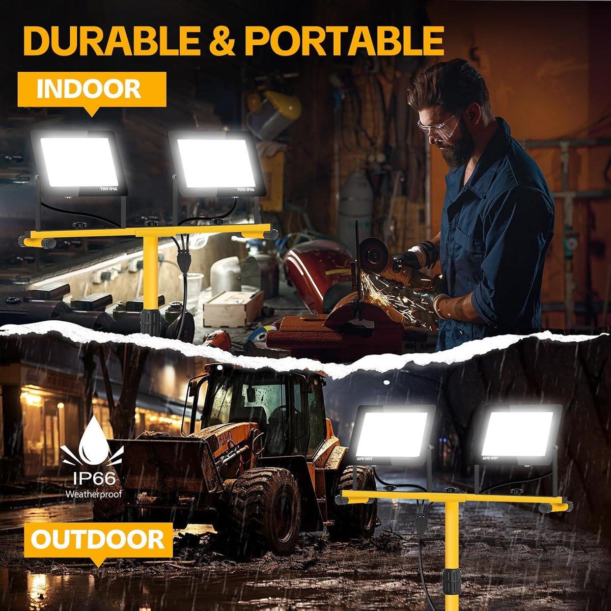 Luces de trabajo con soporte, 14000 lúmenes, 2 cabezales ajustables