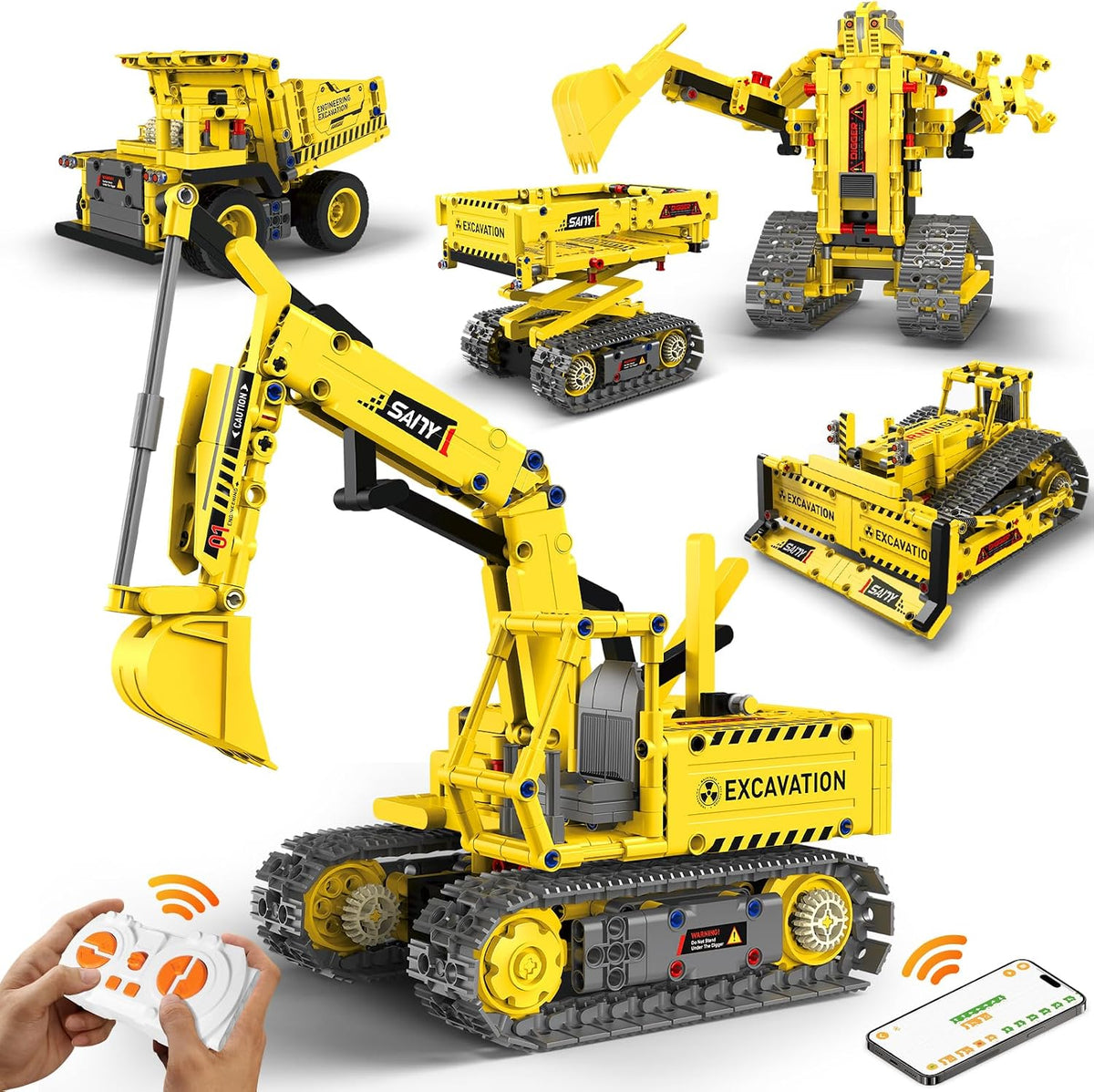 Kits de Construcción de Robots, Juguetes STEM 5-en-1 para Niños de 8-14 años, Excavadora de Control Remoto y APP para Niños, Juegos de Construcción, Conjuntos de Erector Programables, Kits