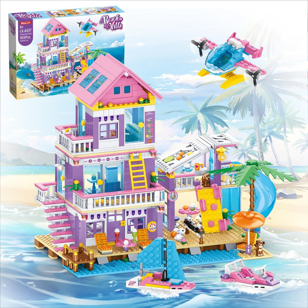 Juego de construcción de casa de playa de 955 piezas, juguetes de construcción de villas junto al mar, juego de bloques de choza de vacaciones, juguetes de construcción STEM con helicóptero, yate, velero, regalo de cumpleaños de Navidad para niñas de 6 a