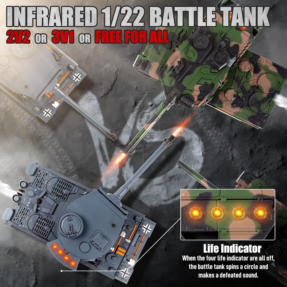 Set de tanque RC 1/22, juguete del ejército que dispara BBS con humo