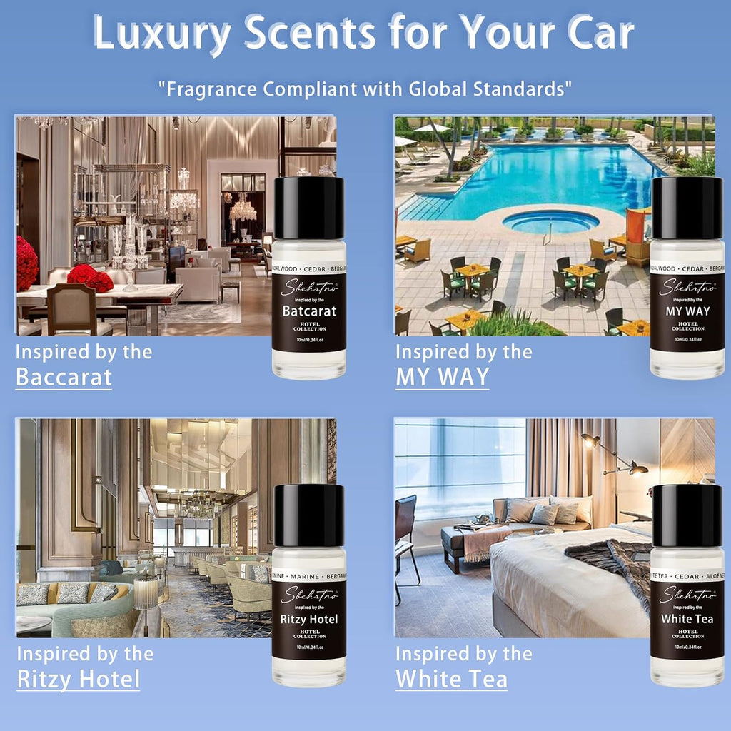 Kit de difusor de coche sin agua con 4 aceites aromáticos, ambientador de aromaterapia inspirado en hoteles de lujo para automóvil, vehículo, oficina y espacios pequeños (negro, fragancia de hotel)
