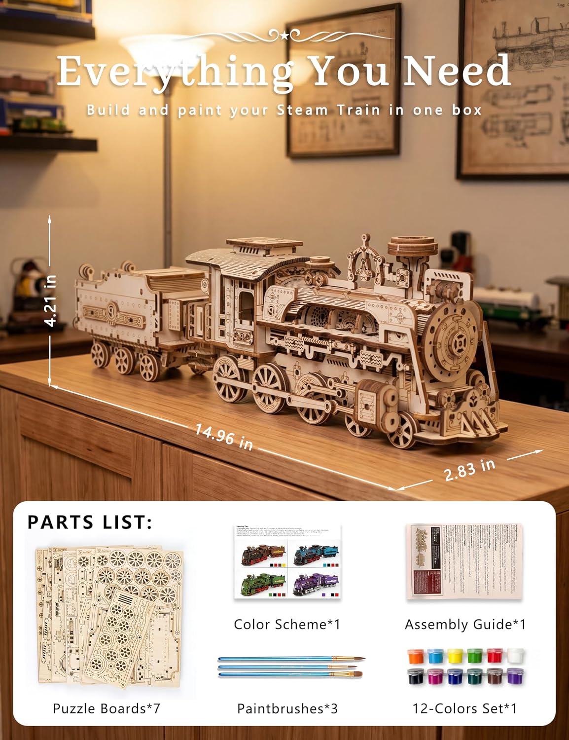 Rompecabezas de tren de vapor de madera 3D pintable para adultos