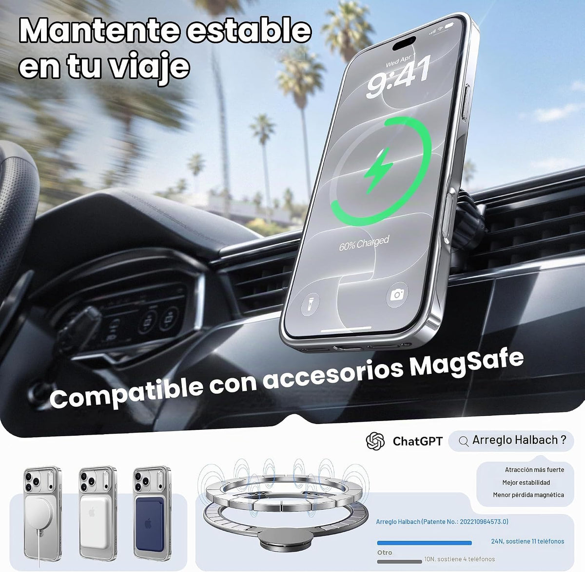 CASEKOO Soporte magnético giratorio de plata brillante 360 para iPhone 18