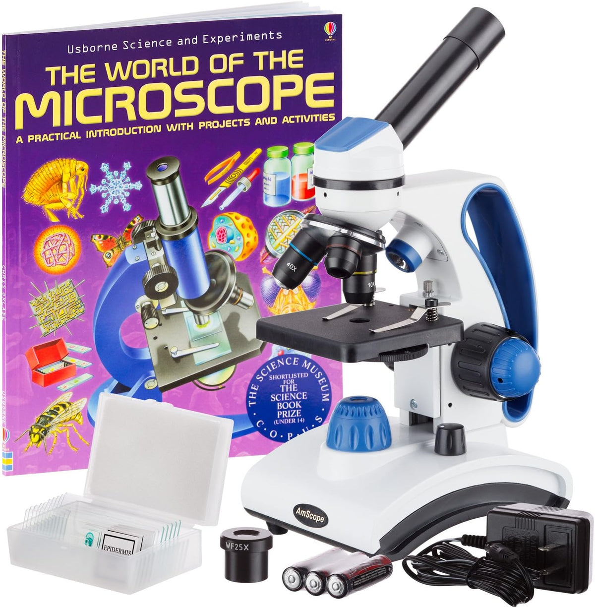 AmScope M162C-2L-PB10-WM "Galardonado en 2018 como el mejor kit de microscopio para estudiantes y niños" - Microscopio todo metal de 40X-1000X con luz dual, con portaobjetos y libro de microscopio