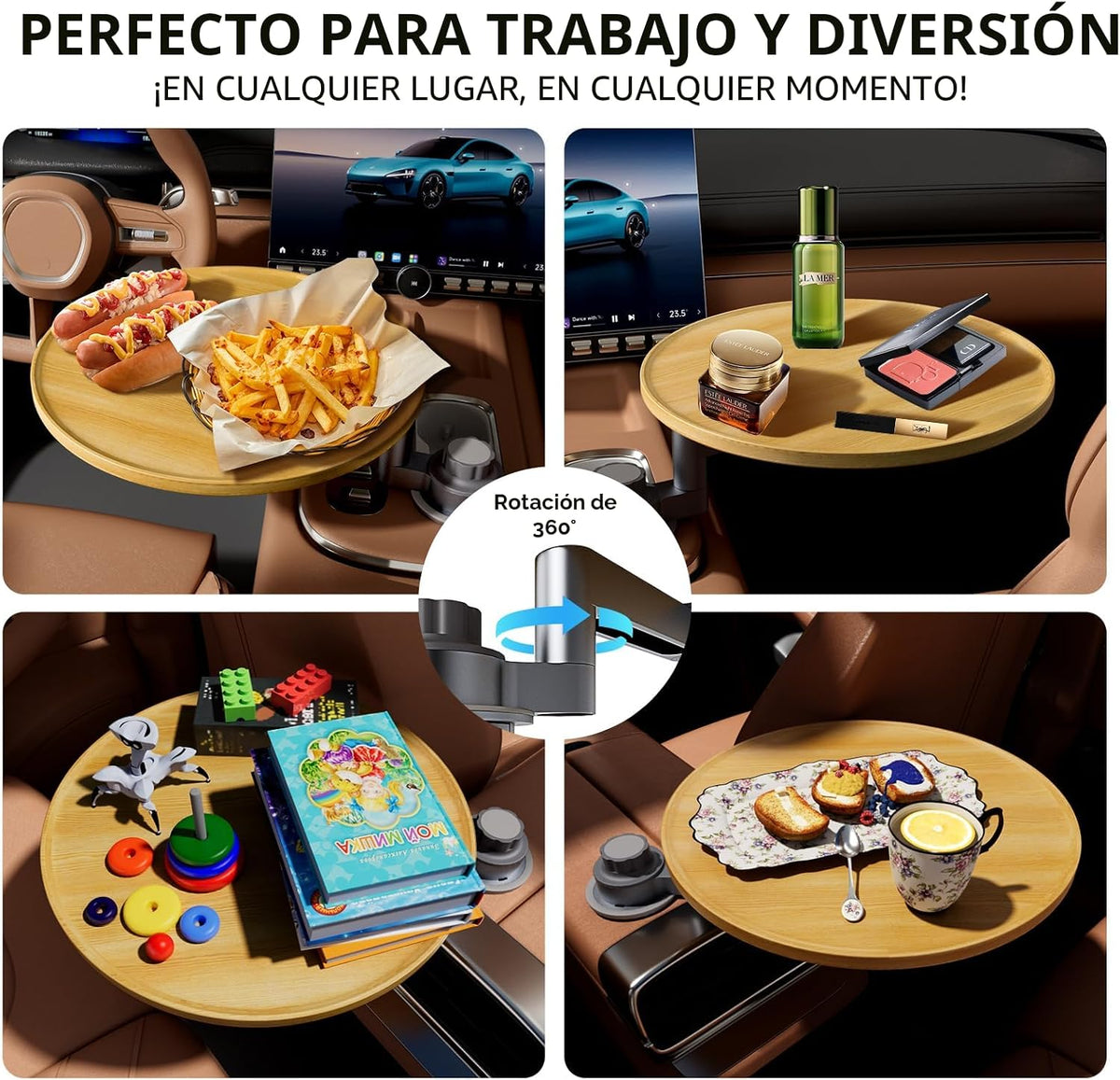 Bandeja de Auto y Escritorio de Auto para Laptop, Soporte Giratório de 360° de Madera, Bandeja para Volante, Accesorios de Auto para Mujeres y Hombres, Compatible con Tesla Model Y/3/S, Ford F150