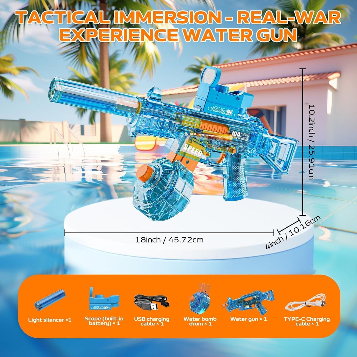 Pistola de agua eléctrica, adecuada para niños y adultos, tanque de agua de gran capacidad, luz LED con efecto de llama bozal, piscina al aire libre, juguete de batalla de playa (MP5-azul)