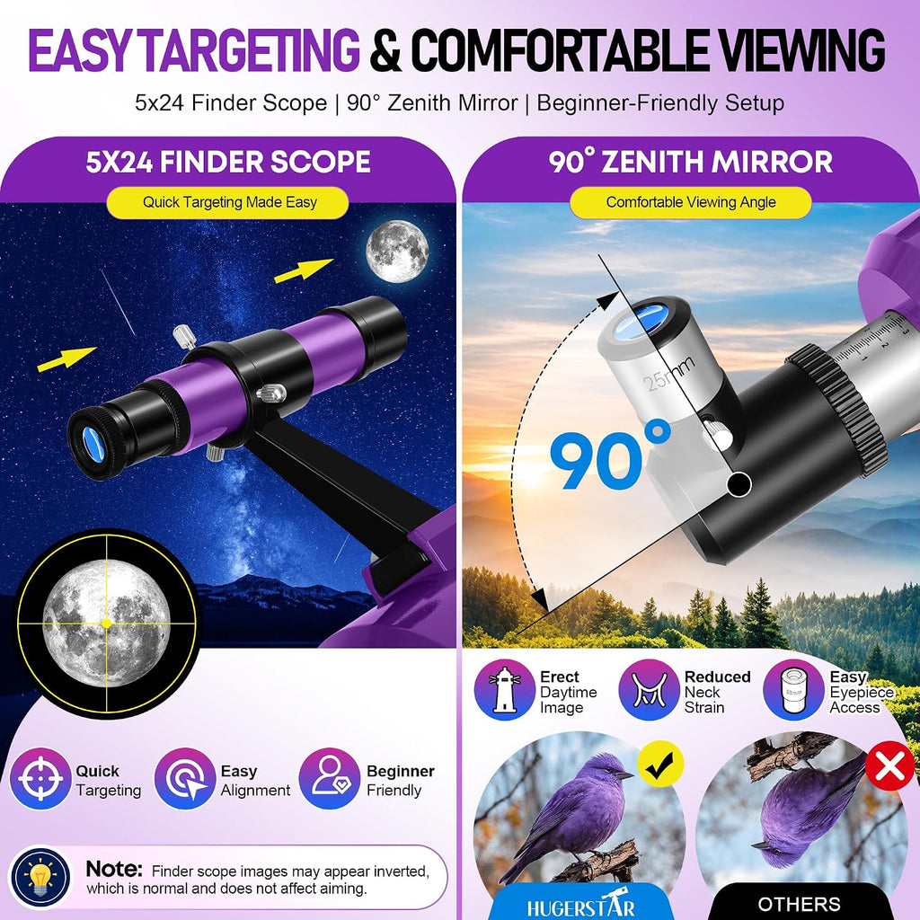 Telescopio para Adultos y Niños, Abertura de 90 mm y 600 mm de Refractor para Principiantes de Astronomía, Telescopio portátil de viaje con Trípode, Adaptador para teléfono, Filtro lunar, Bolsa de transporte y Guía de fases de la Luna