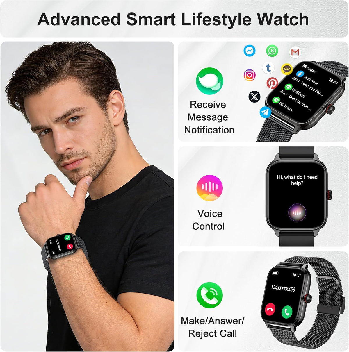 Reloj inteligente para mujeres y hombres, reloj inteligente para mujer de 1.96 pulgadas para responder/hacer llamadas, presión arterial, recursos humanos, monitor de sueño, más de 100 modos deportivos