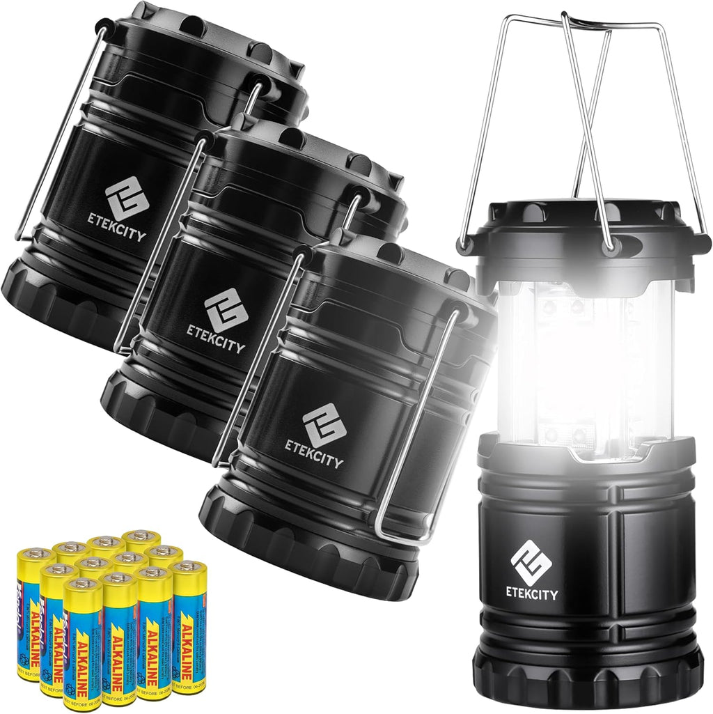 Lámpara Etekcity, linterna LED de campamento portátil con 12 baterías AA, kit de supervivencia para emergencias, huracanes, tormentas, apagones eléctricos (color negro, retráctil), paquete de 4 unidades