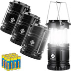 Lámpara Etekcity, linterna LED de campamento portátil con 12 baterías AA, kit de supervivencia para emergencias, huracanes, tormentas, apagones eléctricos (color negro, retráctil), paquete de 4 unidades