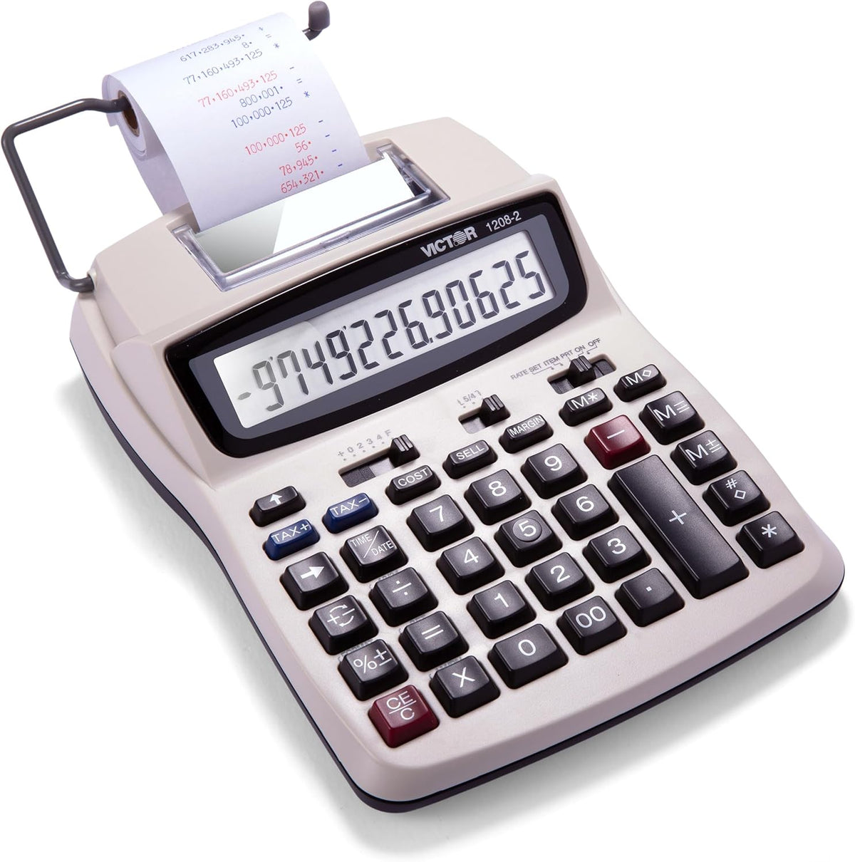 Victor Calculadora de impresión, 1208-2 Máquina de adición compacta y confiable con pantalla LCD de 12 dígitos, alimentación por batería o CA, incluye adaptador, color blanco