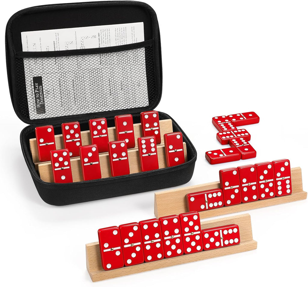 Juego de dominó jumbo para adultos con 4 bastidores de madera/bandejas, juego de viaje de 6 dominó dobles con funda portátil, juego de dominó doble de seis con 4 soportes para azulejos, juego de dominó de 28 azulejos para juegos de mesa familiares
