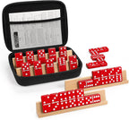 Juego de dominó jumbo para adultos con 4 bastidores de madera/bandejas, juego de viaje de 6 dominó dobles con funda portátil, juego de dominó doble de seis con 4 soportes para azulejos, juego de dominó de 28 azulejos para juegos de mesa familiares