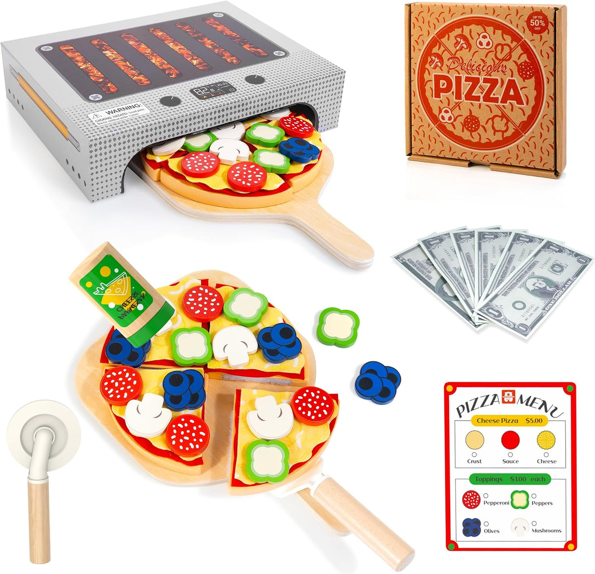 WOODMAM Juego de juguetes de pizza, comida realista Montessori con caja de