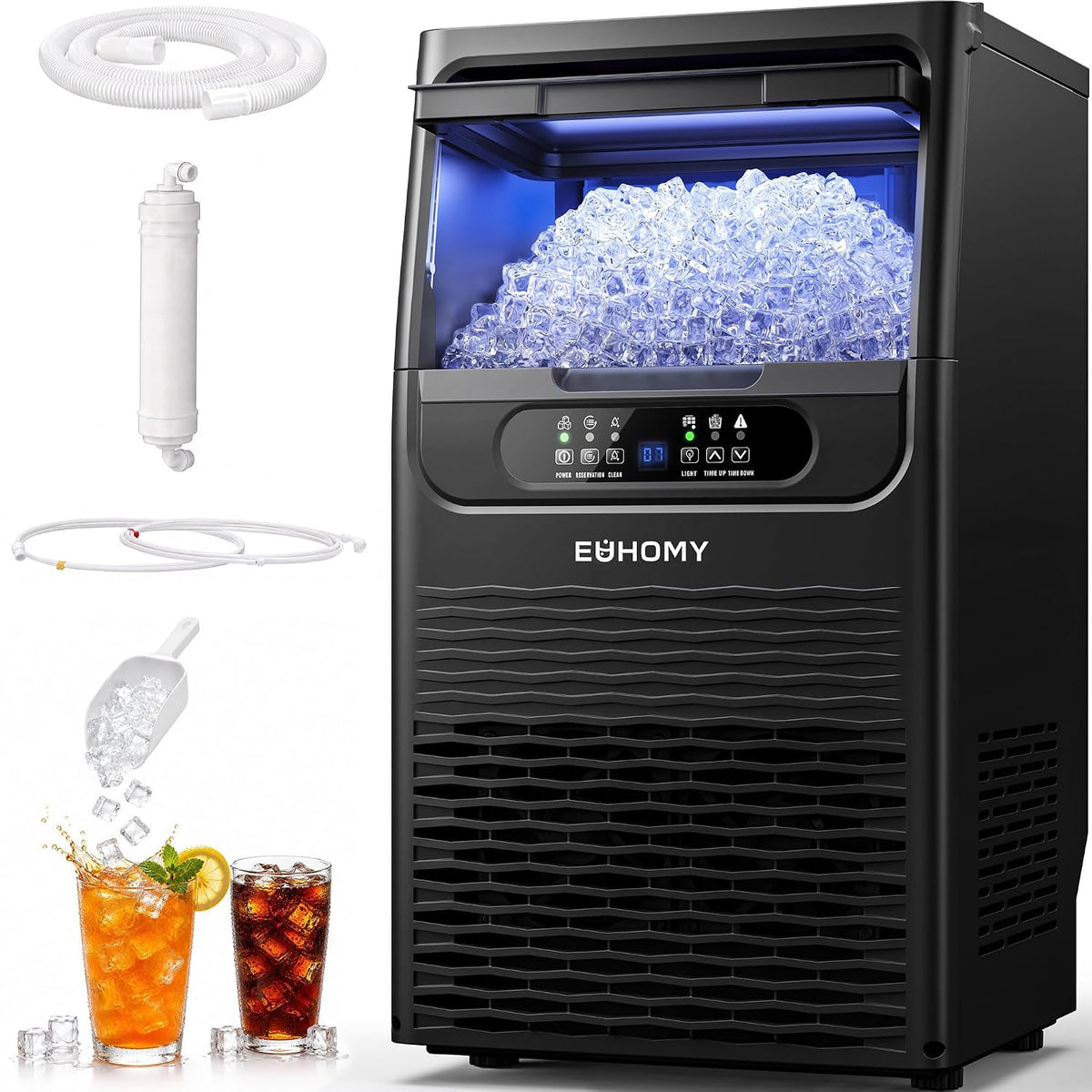 EUHOMY Máquina comercial para hacer hielo, 80 libras/24 horas, 36 cubitos de hielo en 8-12 minutos, máquina de hielo debajo del mostrador con filtro de agua, capacidad de almacenamiento de 12 libras