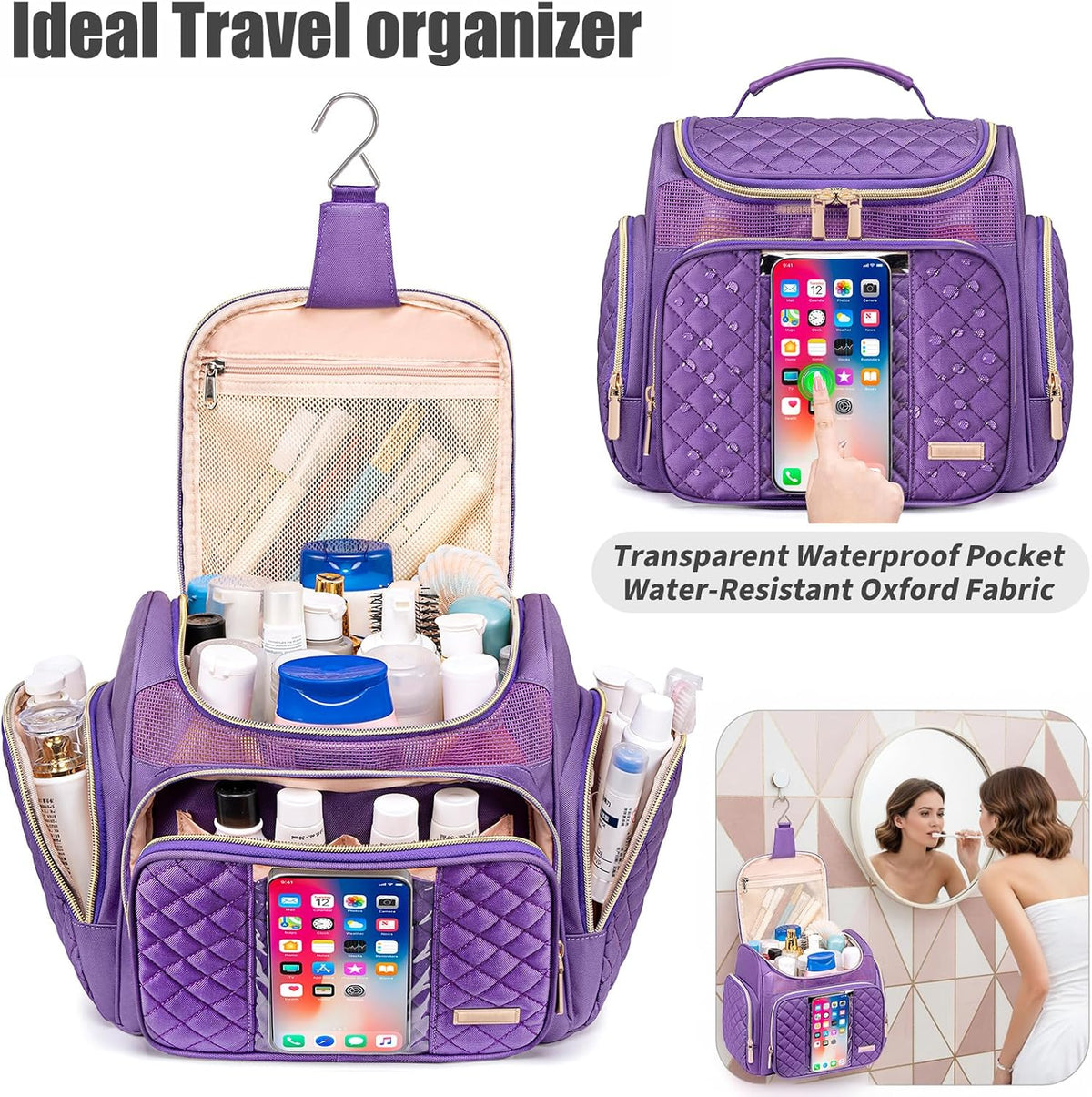 Neceser grande para mujeres y hombres, bolsa de baño, bolsa de ducha resistente al agua, bolsa de maquillaje, bolsas de aseo para viajes, bolsa de aseo colgante con bolsillo transparente impermeable