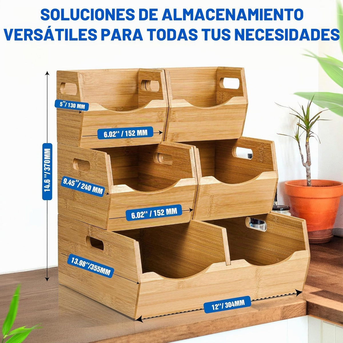 Contenedores de almacenamiento apilables de bambú de 3 niveles, cestas de