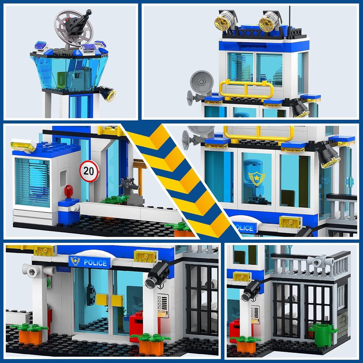 BUILDIFY Juego de bloques de construcción de la estación de policía de la ciudad con luz, 634 kits de estación de HQ con helicóptero, coche de policía y motocicleta. Ideal como regalo coleccionable de cumpleaños para más de 6 fanáticos, niños y niñas