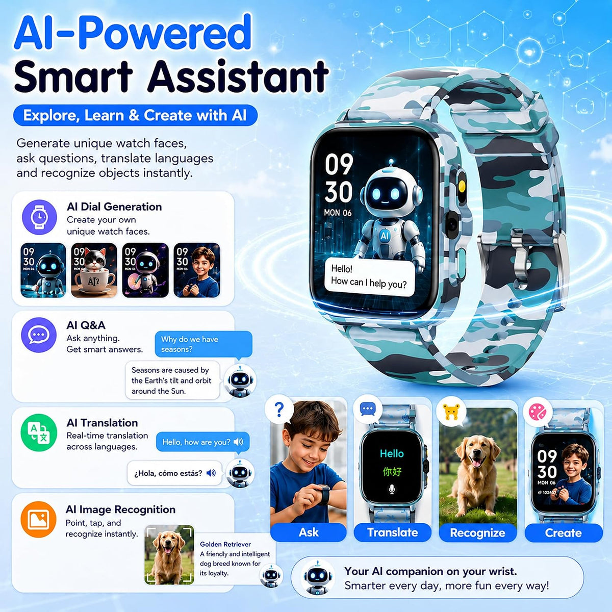 Reloj inteligente para niños de 5 a 12 años, juegos de funciones Ai con pantalla táctil HD, con cámara de video, reproductor de música, podómetro, ritmo cardíaco, rastreador de sueño, regalos de Navidad y cumpleaños para niños (camuflaje, 1.85 pulgadas)