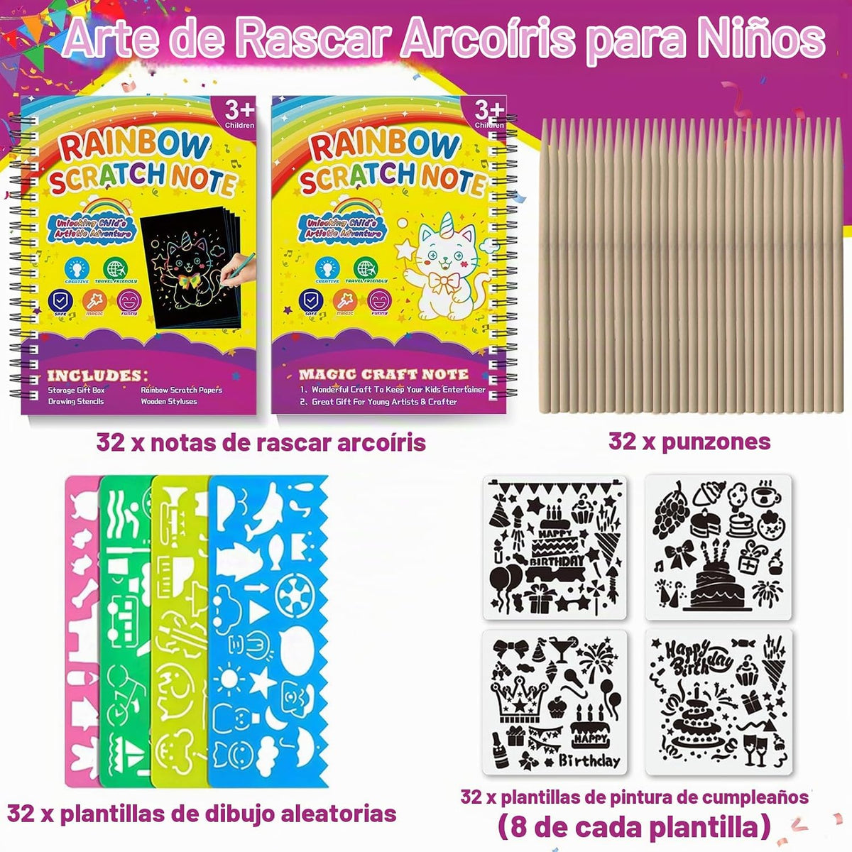 HXDOGSP Scratch Art para niños: paquete de 32 recuerdos de fiesta de papel para rascar arco iris, cuaderno de manualidades adecuado para regalos de cumpleaños, kit de manualidades escolares, premios