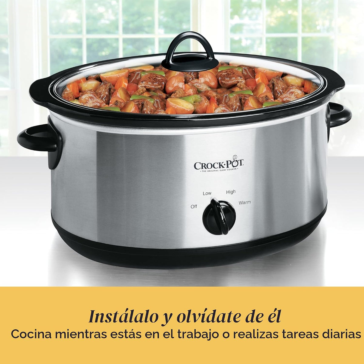 Crock-Pot Olla de cocción lenta manual de 7 cuartos de galón, tamaño familiar que sirve a más de 8 personas y se adapta a asados de 6 libras, gres extraíble con ajuste de calentamiento, apto para lavavajillas para una fácil limpieza, acero inoxidable