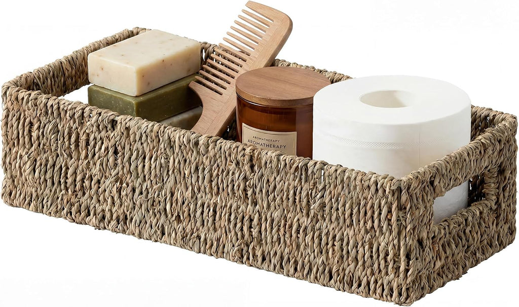 StorageWorks - Canastas de hierbas marinas con asas integradas, caja decorativa para baño, para la parte superior del tanque del inodoro, 14 ¼ pulgadas de largo x 6 ½ pulgadas de ancho x 3 ¾ pulgadas