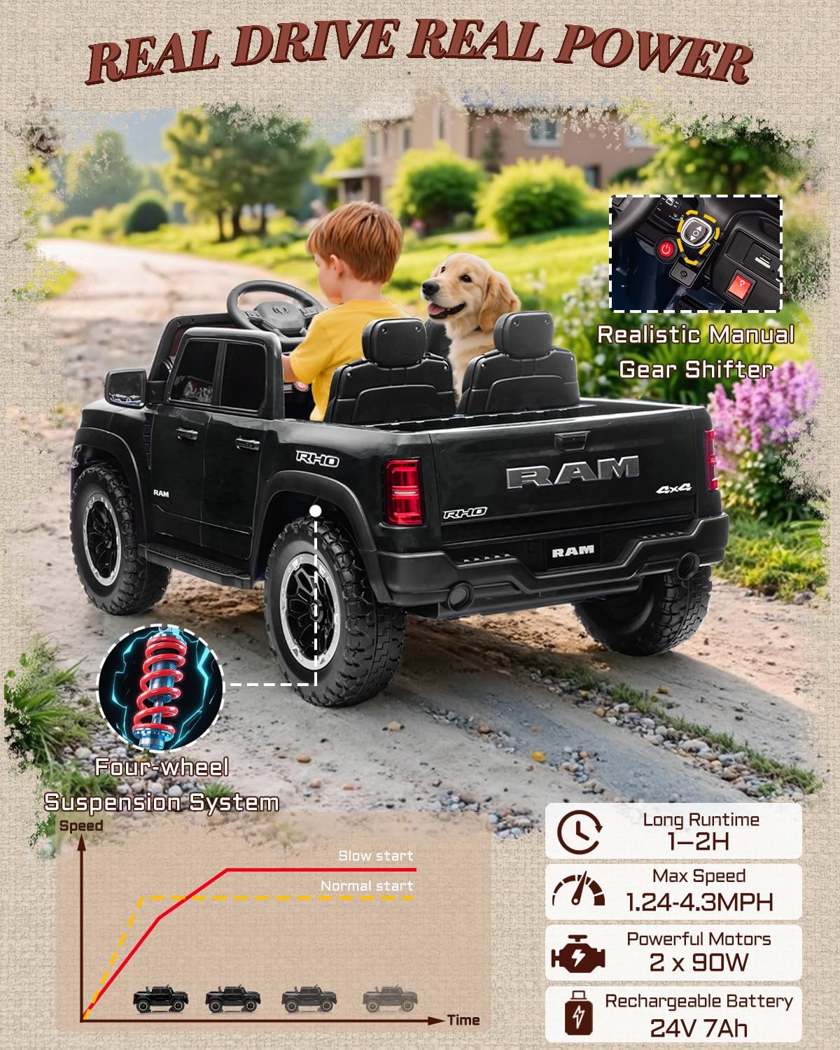 First Ride On Juguetes de paseo de 24 V para niños grandes, auto eléctrico RAM 1500 RHO con licencia para niños con control remoto, camión con Bluetooth, luces LED, almacenamiento de cama de camión