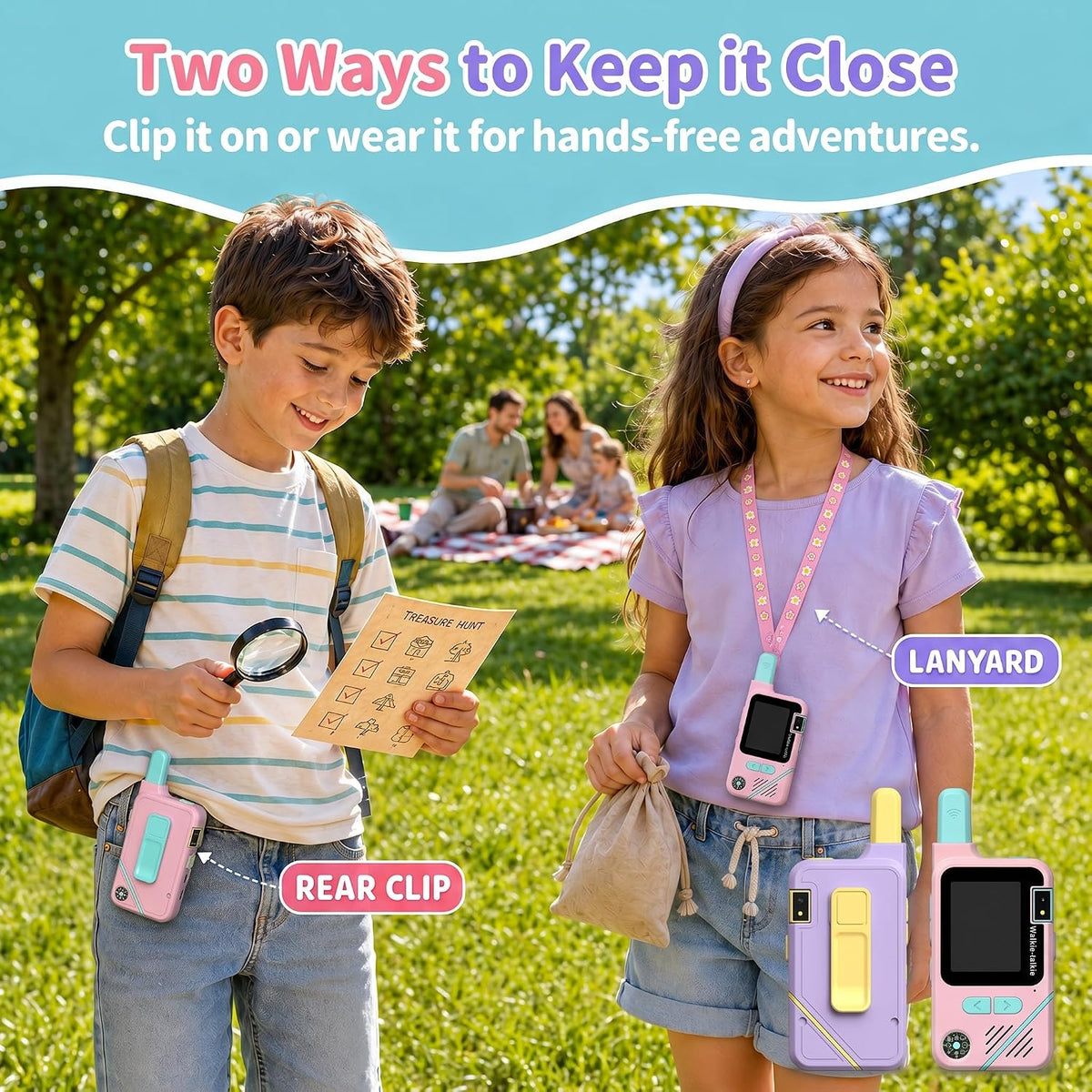 KJAI Walkie Talkies de video para niños, paquete de 2 con cámara giratoria de 180°, cambiador de voz, 10 divertidos efectos adhesivos, clip y cordón, juguetes al aire libre y regalos de cumpleaños