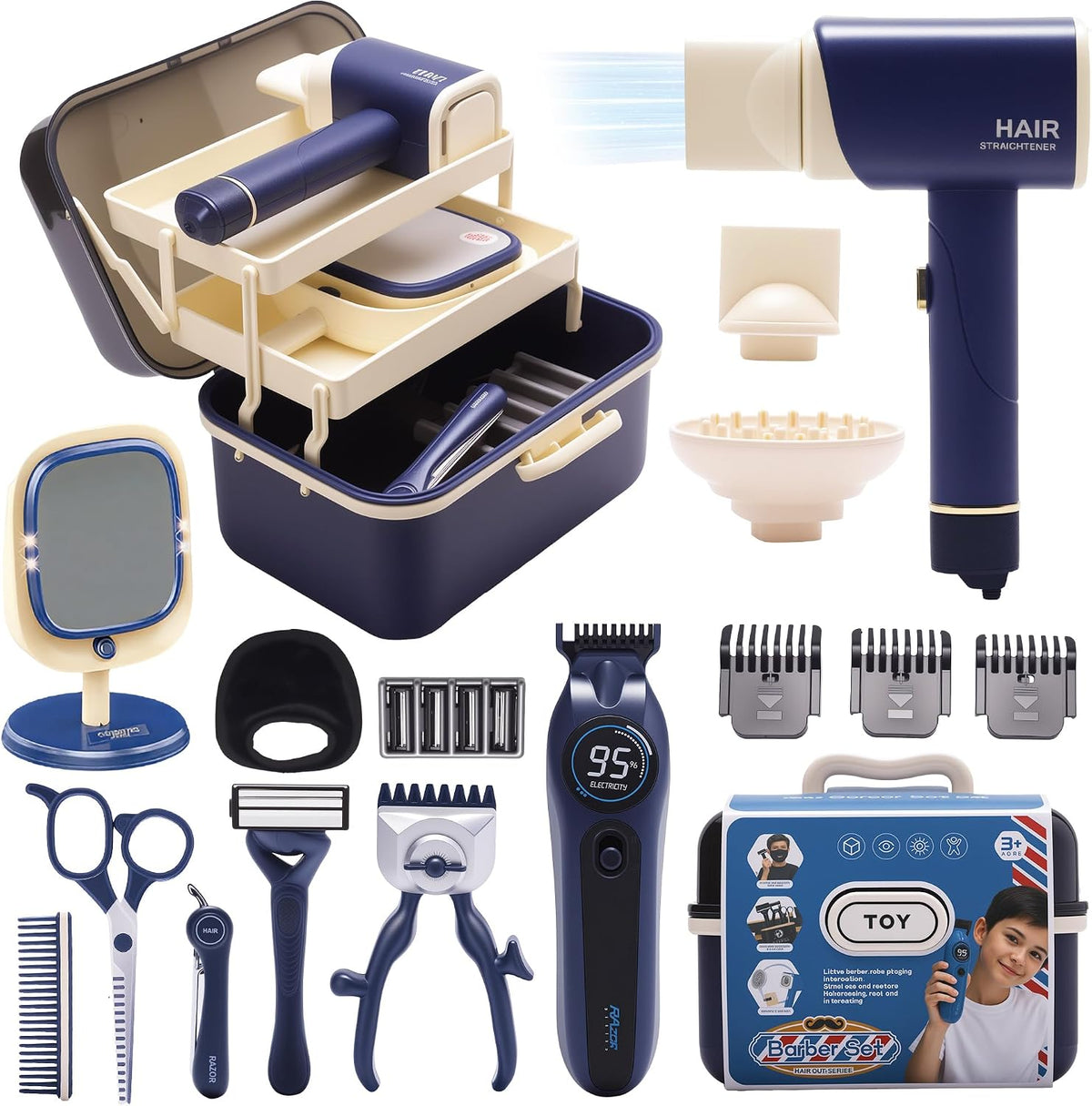 Juguetes de simulación para niños, kit de afeitado para niños pequeños, accesorios de peluquería, juego de peluquería con caja de almacenamiento de 3 niveles, cortadora de pelo realista y secador de pelo, regalos de cumpleaños para niños y niñas de 3 a 8