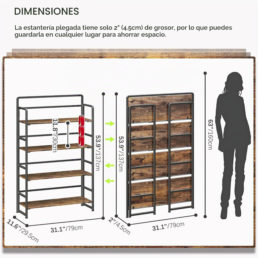 Estantería plegable extra ancha de 4 niveles sin montaje, estantes de almacenamiento vintage para dormitorio, sala de estar, oficina en casa