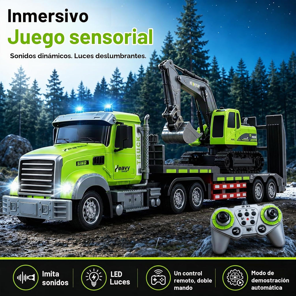 2-en-1 Camión Semi RC a Escala 1:12 y Excavadora con Luces y Sonidos