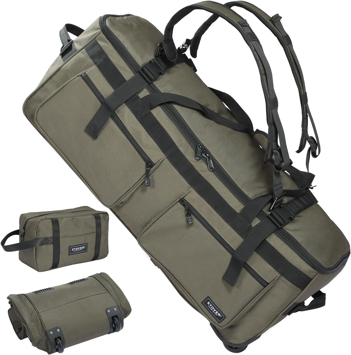 45/80/100/120L - Bolsa de lona con ruedas con cremallera en U, bolsa de viaje extragrande y duradera + bolsa de aseo personal, apertura plana, plegable con correas para el hombro
