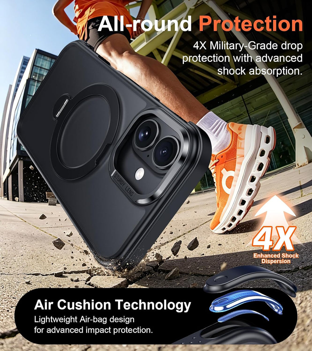 Funda compatible con iPhone 16 con soporte magnético giratorio de 360°, funda translúcida mate de grado militar de 6.1 pulgadas, color negro