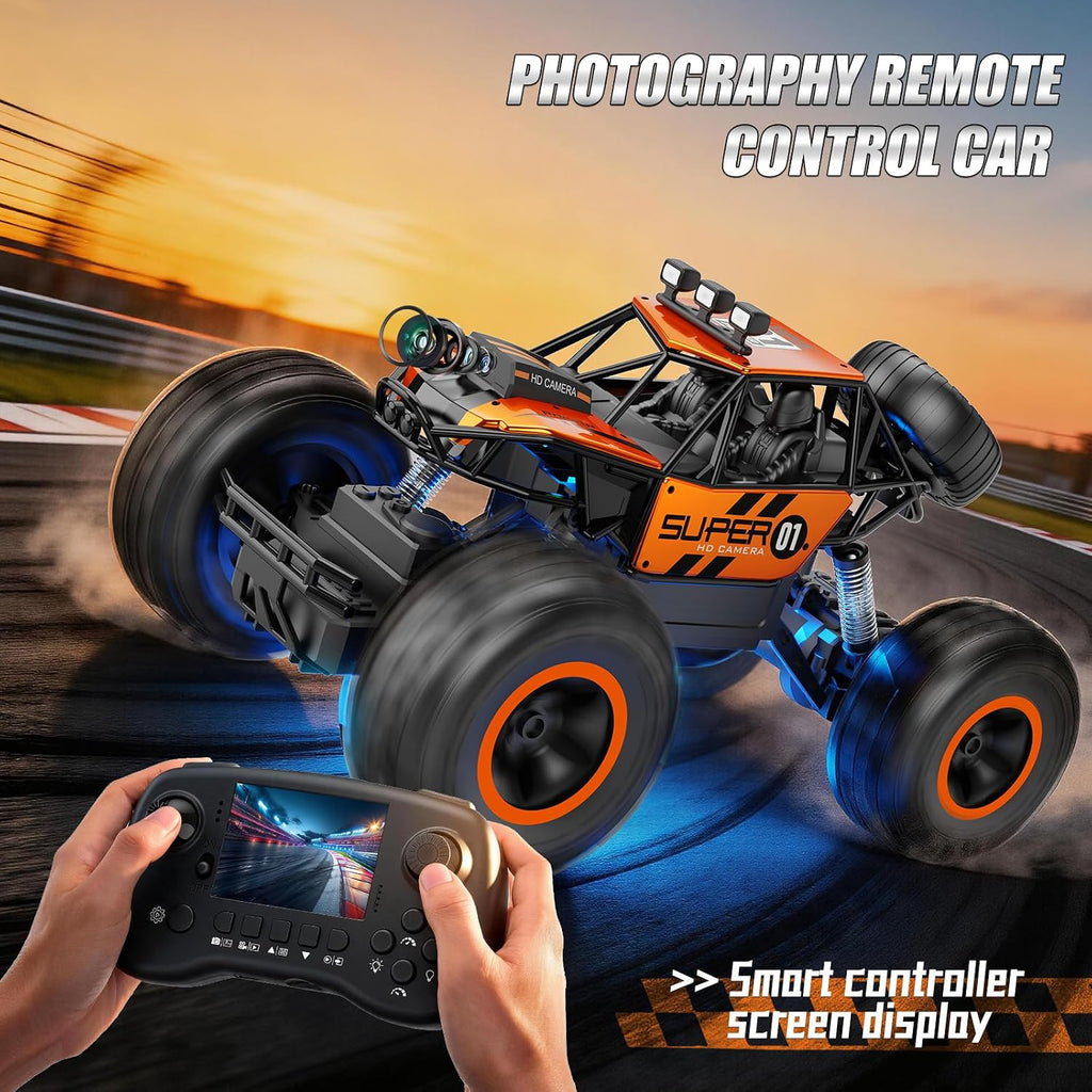 FPV - Coche RC con cámara para niños y adultos, camión RC todo terreno 1:16, automóvil de control remoto todoterreno con pantalla HD de 2.8 pulgadas, cuerpo de aleación, luces LED de chasis, batería