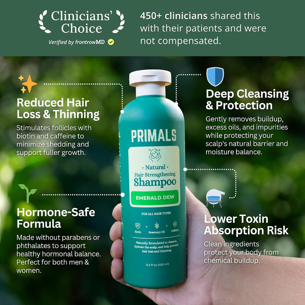PRIMALS Paquete completo de ducha limpia, cabezal de ducha filtrado, champú fortalecedor del cabello y gel de baño natural, elimina cloro, flúor y metales pesados, cero sulfatos, parabenos o fragran