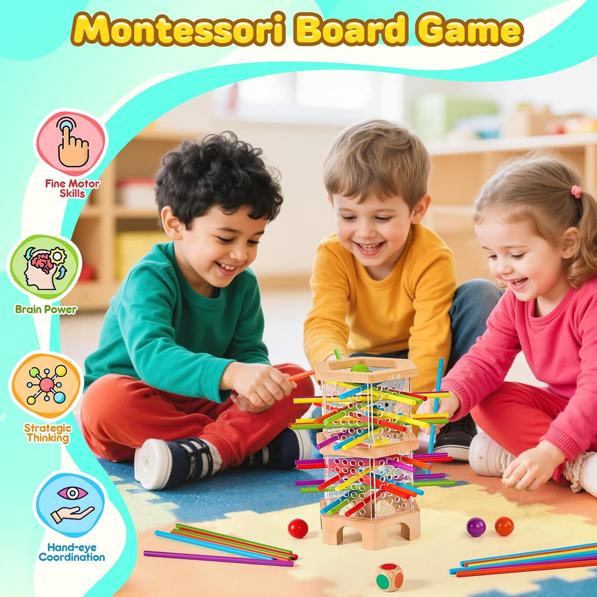 Montessori - Juego de mesa de madera con 42 palos y dados para niños de 3 a 6 años