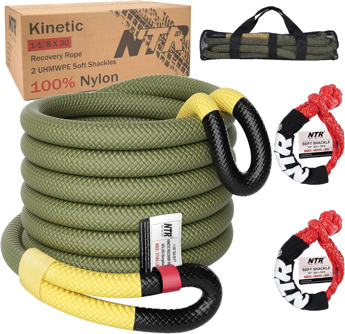 Cuerda de remolque de recuperación cinética de 1-1/8" x 30' (37,480 lbs), con 2 grilletes suaves UHMWPE (40,980 lbs), correa de tracción todoterreno resistente, kit de recuperación de vehículos