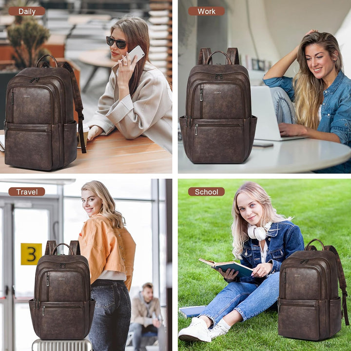 Shrrie Mochila de cuero para laptop de 17 pulgadas para mujer, moch...