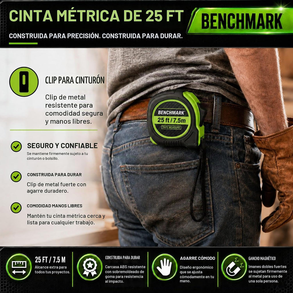 3 Pack - Cintas métricas de 25 ft - Fracciones fáciles de leer hasta 1/8 pulgada - Punta magnética - Puño y bloqueo rápido - Autovuelta - Clip de cinturón - Verde - Cinta métrica retráctil