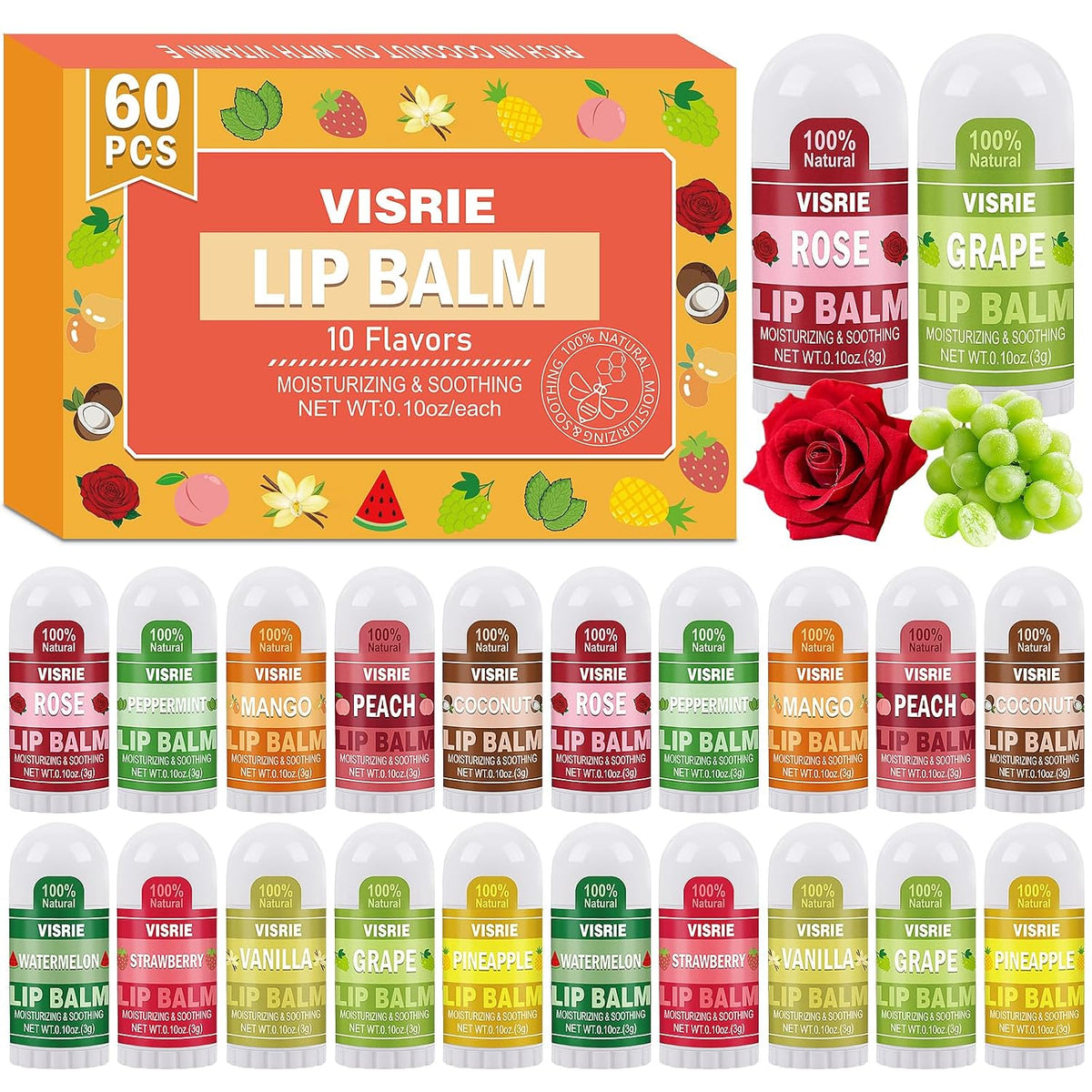 VISRIE Mini Bálsamo Labial 60 Pack, Bálsamos Labiales Naturales a G...