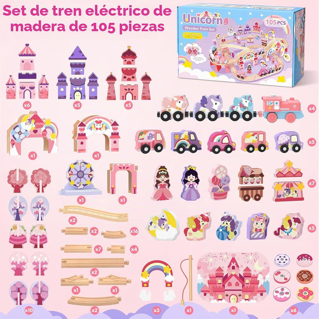 Juego de tren de madera de unicornio de lujo de 105 piezas para niñas con