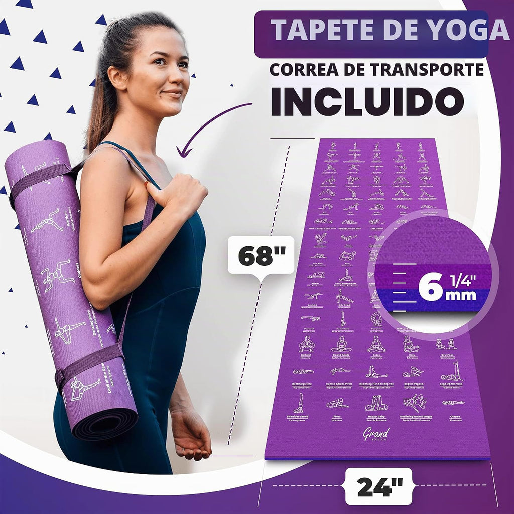 Esterilla de yoga con instrucciones de posturas impresas y correa de transporte, 75 posturas de yoga ilustradas y 75 estiramientos, bonita esterilla de yoga para mujeres y hombres, antideslizante, alfombrilla de yoga extra gruesa de 1/4 pulgadas para