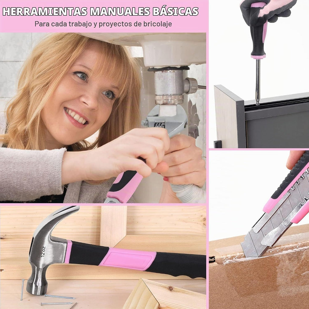 FASTPRO Juego de taladro rosa de 12 V para mujer, juego de herramientas