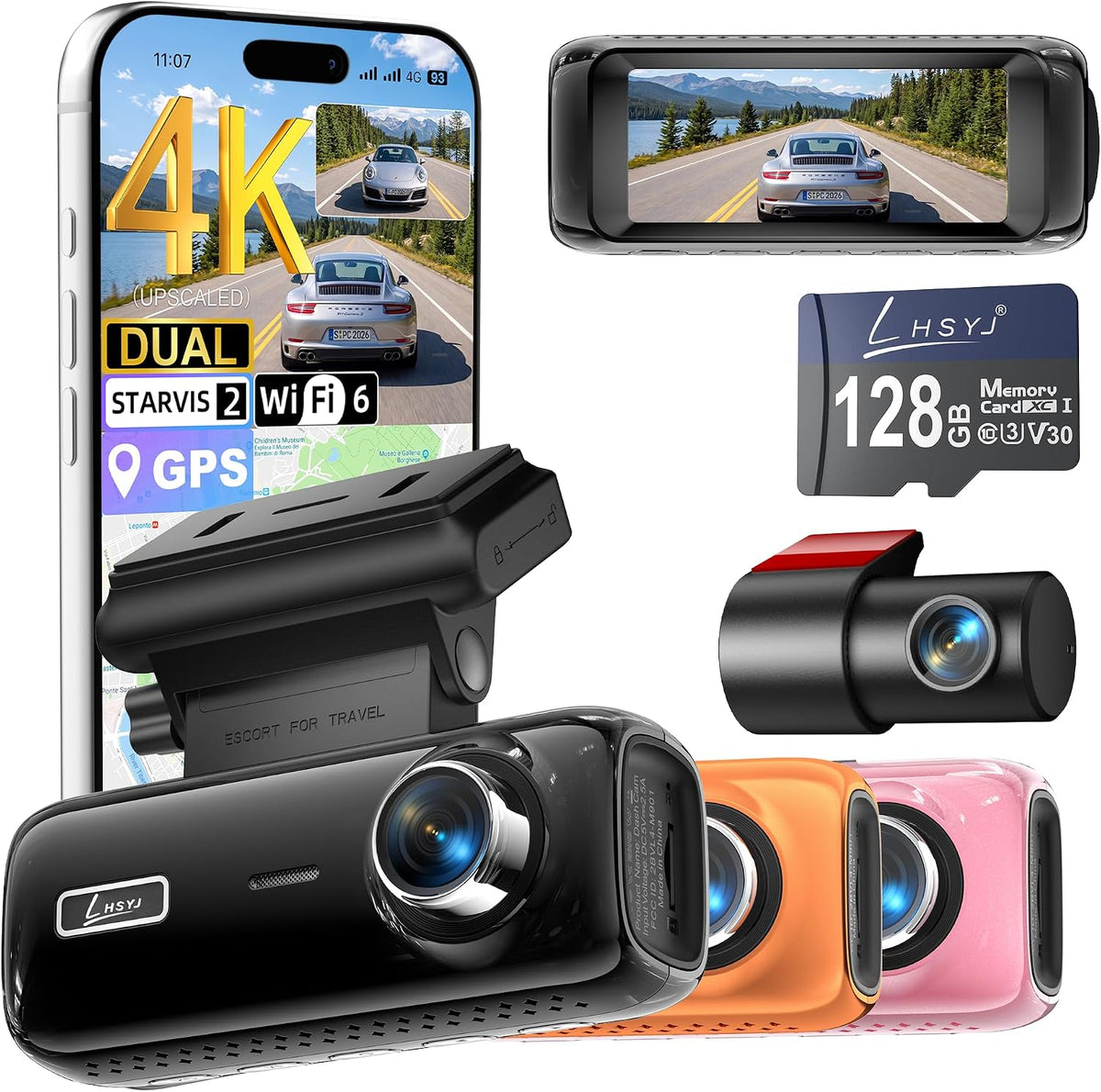 Cámara para auto dual 4K Delantera y Trasera, sensor STARVIS 2, Wi‑Fi 6, Visión nocturna