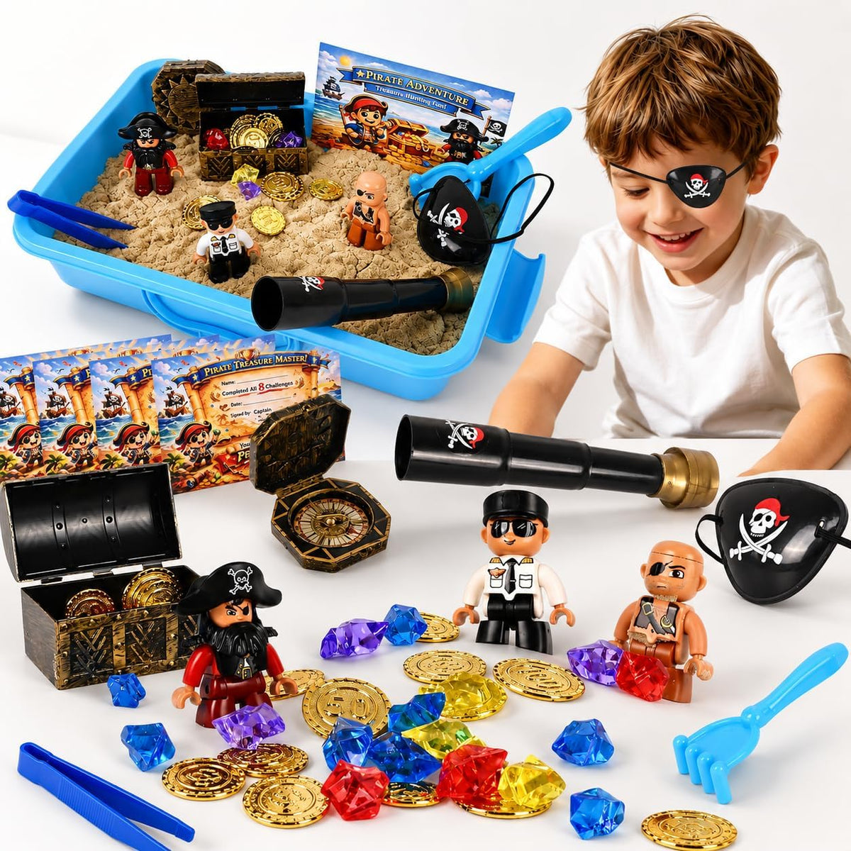 Cofre del tesoro pirata sensorial para niños con arena sensorial