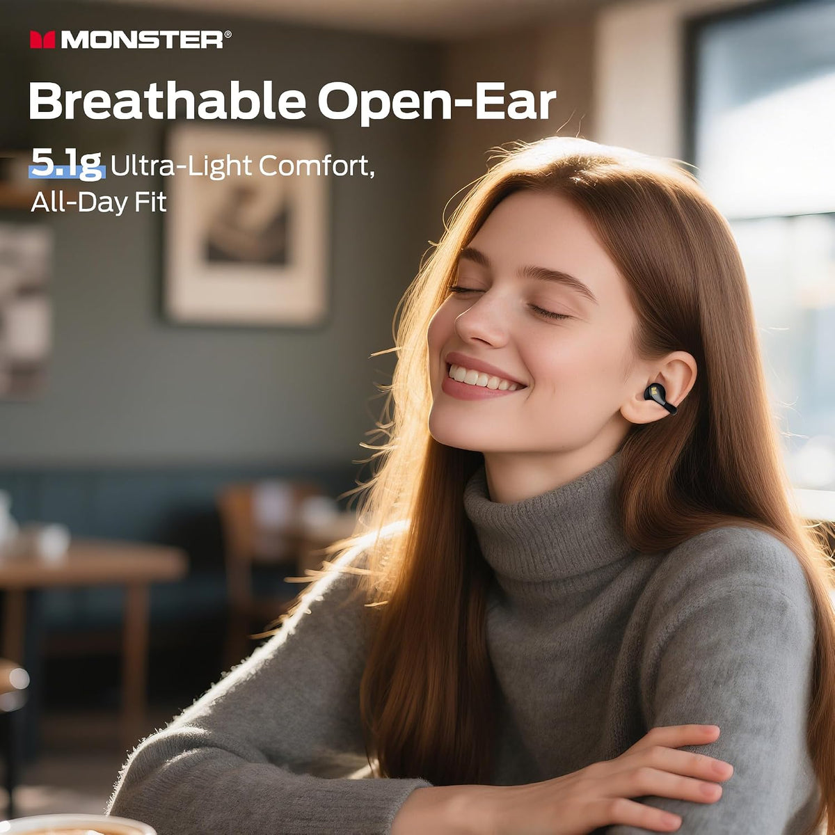 Monster AC225 - Auriculares de oído abierto, sonido estéreo, auriculares Bluetooth 6.0 de oreja abierta, auriculares ligeros y cómodos con clip con micrófono ENC para llamadas claras