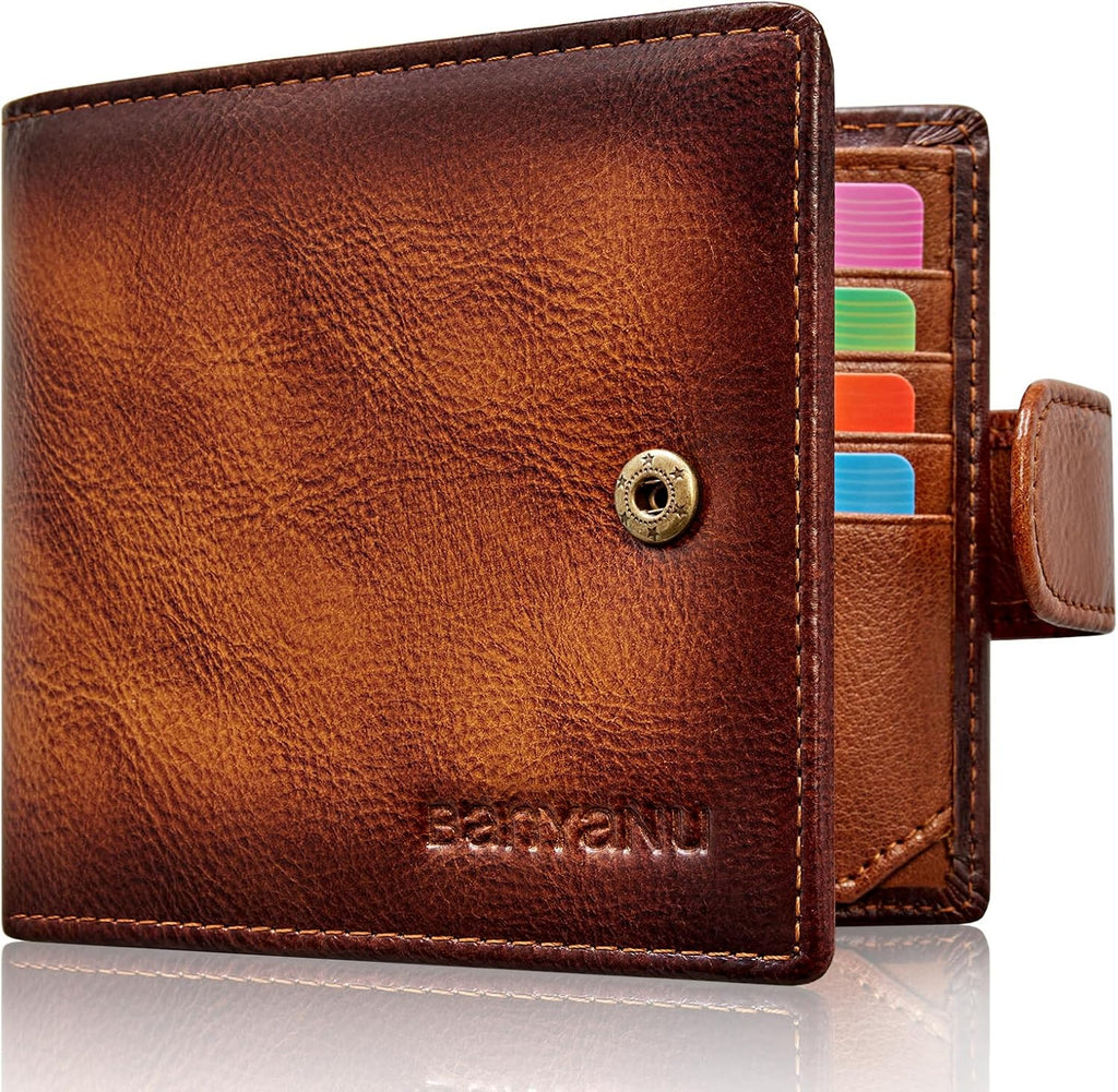 Cartera de cuero vintage para hombre, 19 ranuras para tarjetas, bloqueo RFID, gran capacidad, soporte para tarjetas plegable de cuero de grano superior, marrón (YELLOWISH BROWN), Retro